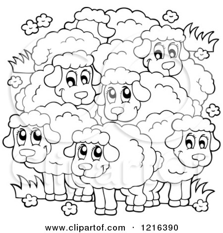 Clipart of an Outlined Happy Flock of Sheep - Royalty Free Vector Illustration by visekart