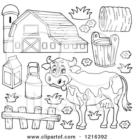 Clipart of an Outlined Happy Cow with a Dairy Barn and Items - Royalty Free Vector Illustration by visekart