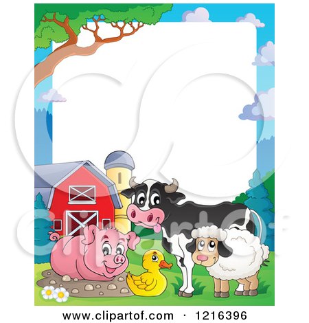 Clipart of a Happy Pig Cow Duck and Sheep by a Mud Puddle Border - Royalty Free Vector Illustration by visekart