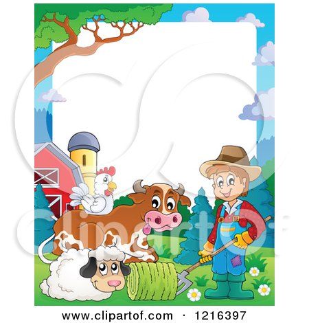 Clipart of a Happy Farmer Sheep Cow and Chicken Border - Royalty Free Vector Illustration by visekart