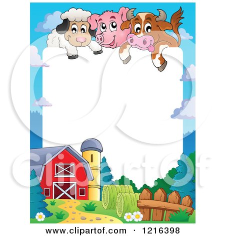 Clipart of a Happy Cow Pig and Sheep over a Barnyard Border - Royalty Free Vector Illustration by visekart
