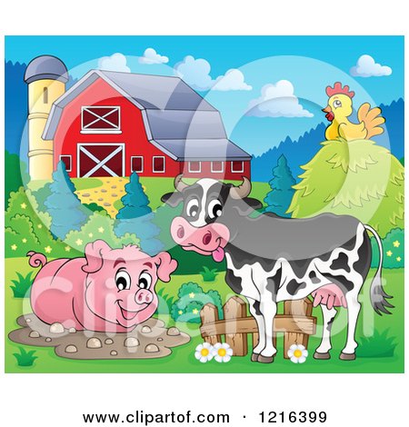 Clipart of a Happy Cow Chicken and Pig in a Mud Puddle - Royalty Free Vector Illustration by visekart
