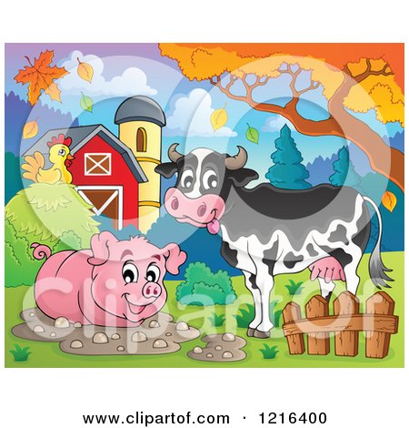 Clipart of a Happy Cow and Pig in a Mud Puddle in Autumn - Royalty Free Vector Illustration by visekart