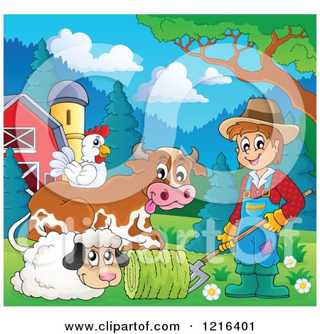 Clipart of a Happy Farmer Moving Hay by a Cow Chicken and Sheep in a Barnyard - Royalty Free Vector Illustration by visekart