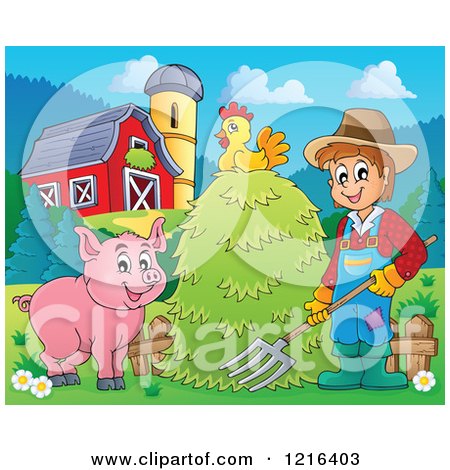 Clipart of a Happy Farmer with Hay a Pig and Chicken in a Barnyard - Royalty Free Vector Illustration by visekart