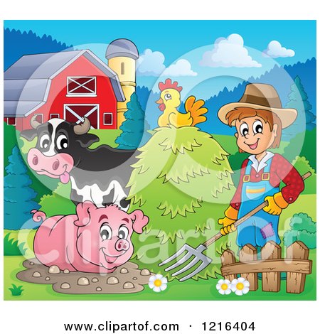 Clipart of a Happy Farmer with Hay a Chicken Cow and Pig in a Barnyard ...