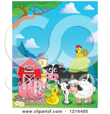 Clipart of a Happy Cow Pig Duck Sheep and Chicken in a Barnyard - Royalty Free Vector Illustration by visekart