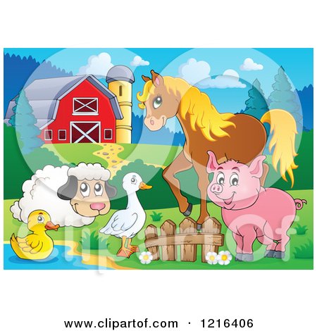 Clipart of a Happy Duck Goose Sheep Pig and Horse by a Pond in a Barnyard - Royalty Free Vector Illustration by visekart