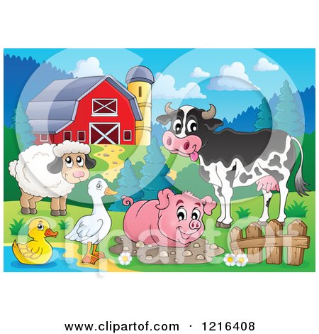 Clipart of a Happy Cow Sheep Pig Duck and Goose in a Barnyard - Royalty Free Vector Illustration by visekart