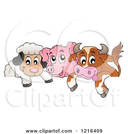 Clipart of a Happy Cow Pig and Sheep over a Border - Royalty Free Vector Illustration by visekart