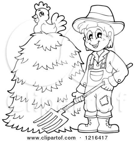 Clipart of an Outlined Happy Farmer Holding a Pitchfork by a Pile of Hay with a Chicken on Top - Royalty Free Vector Illustration by visekart