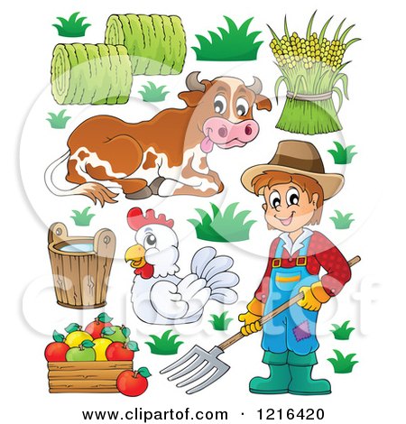 Clipart of a Happy Farmer with Produce a Chicken and Cow - Royalty Free Vector Illustration by visekart