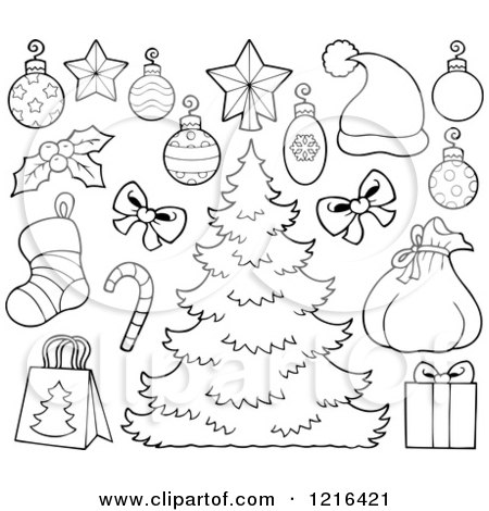 Clipart of an Outlined Christmas Tree with Decorations and Holiday Items - Royalty Free Vector Illustration by visekart