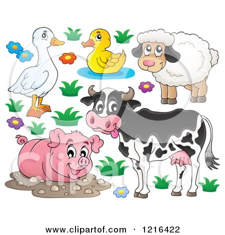 Clipart of a Happy Cow Pig Sheep Duck and Goose - Royalty Free Vector Illustration by visekart