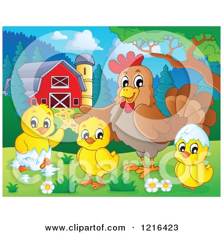 Clipart of a Chicken and Hatching Chicks in a Barnyard - Royalty Free Vector Illustration by visekart