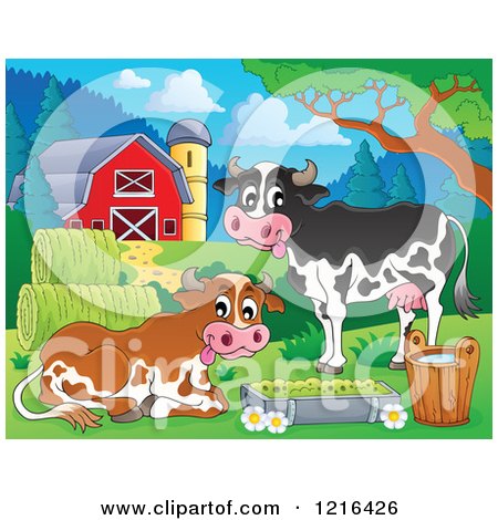Clipart of Happy Cows with Hay near a Barn - Royalty Free Vector Illustration by visekart