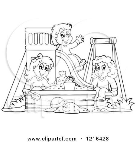Clipart of Outlined Happy Children Playing on a Swing Slide and in a Sandbox - Royalty Free Vector Illustration by visekart