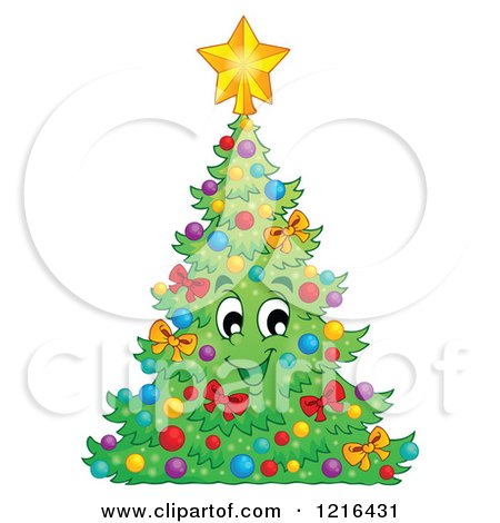 Clipart of a Happy Christmas Tree Decorated with Baubles and Bows - Royalty Free Vector Illustration by visekart