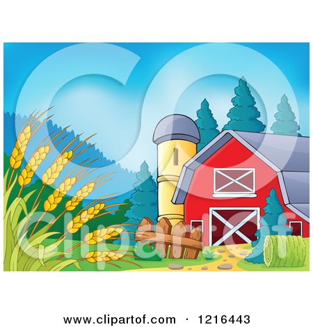 Clipart of a Barn and Silo with Wheat in the Foreground - Royalty Free Vector Illustration by visekart