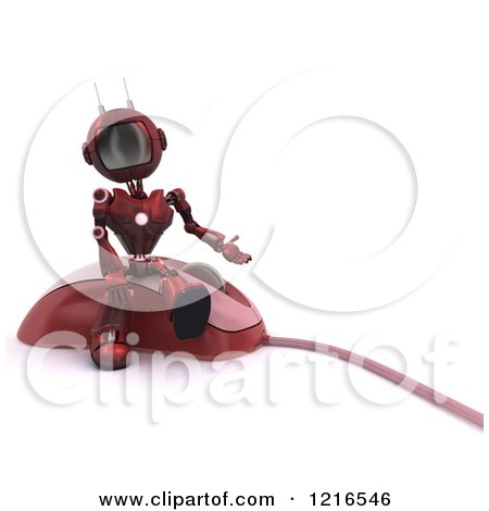 Clipart of a 3d Red Android Robot Presenting on a Computer Mouse - Royalty Free Illustration by KJ Pargeter