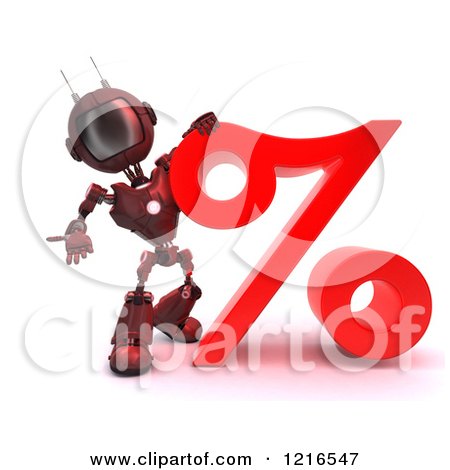 Clipart of a 3d Red Android Robot with a Giant Percent Symbol - Royalty Free Illustration by KJ Pargeter