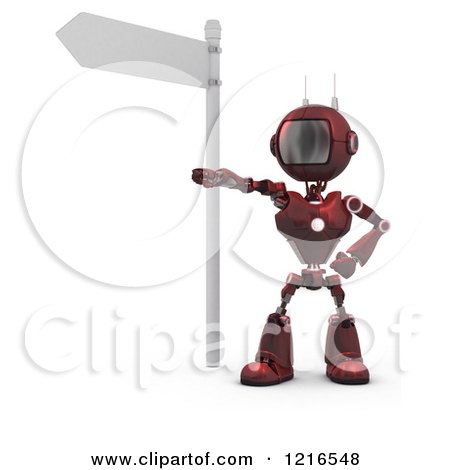 Clipart of a 3d Red Android Robot Pointing Under a Street Sign - Royalty Free Illustration by KJ Pargeter