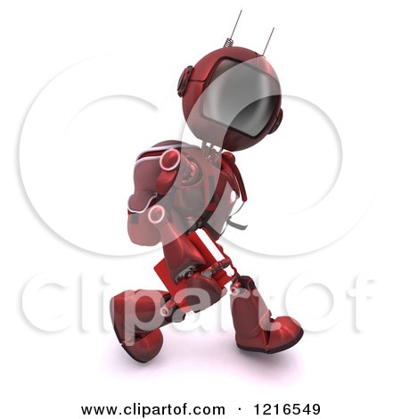 Clipart of a 3d Red Android Robot Student Walking - Royalty Free Illustration by KJ Pargeter