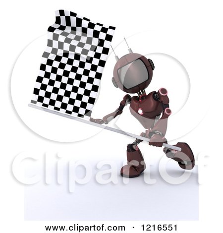 Clipart of a 3d Red Android Robot Waving a Checkered Racing Flag - Royalty Free Illustration by KJ Pargeter