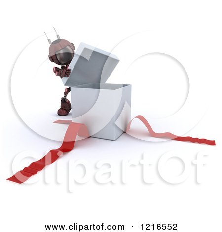 Clipart of a 3d Red Android Robot Opening a Gift Box - Royalty Free Illustration by KJ Pargeter