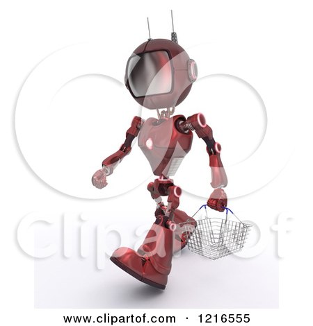Clipart of a 3d Red Android Robot Carrying a Shopping Basket - Royalty Free Illustration by KJ Pargeter
