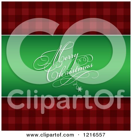 Clipart of a Merry Christmas Greeting on Green over Red Plaid - Royalty Free Vector Illustration by KJ Pargeter