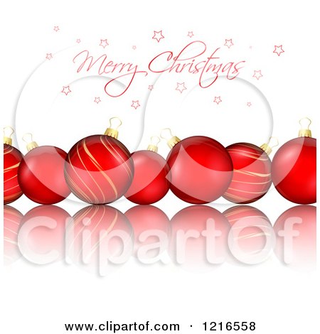 Clipart of a Merry Christmas Greeting with Stars over Red Baubles and Reflections - Royalty Free Vector Illustration by KJ Pargeter