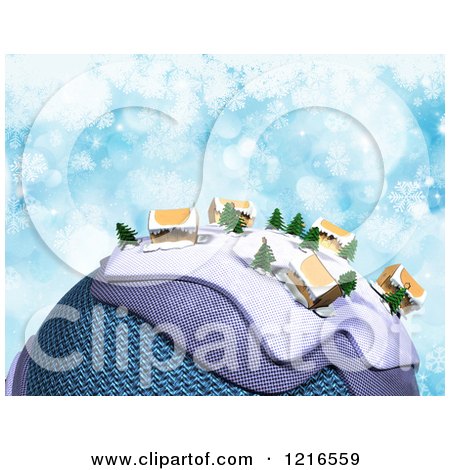 Clipart of a 3d Christmas Globe with Cardboard Homes and Snowflakes on Blue - Royalty Free Illustration by KJ Pargeter