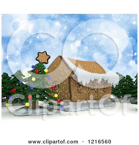 Clipart of a 3d Christmas Craft Cardboard House with Trees and Blue Flares - Royalty Free Illustration by KJ Pargeter