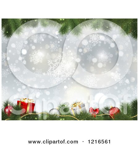 Clipart of a Snowflake Background Framed with Christmas Tree Branches and Ornaments - Royalty Free Vector Illustration by KJ Pargeter