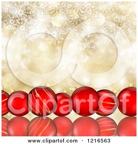 Clipart of a Row of Red Christmas Baubles over Gold with Flares and Snowflakes - Royalty Free Illustration by KJ Pargeter