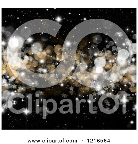 Clipart of a Christmas Background of Gold and Silver Bokeh Flares and Stars on Black - Royalty Free Illustration by KJ Pargeter