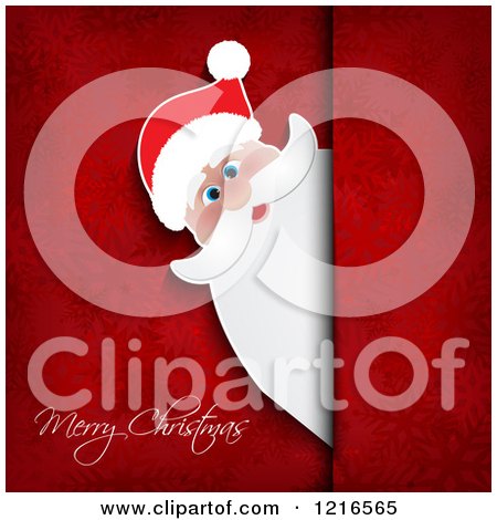 Clipart of a Cheerful Santa Peeking Form Behind Red Snowflakes with a Merry Christmas Greeting - Royalty Free Vector Illustration by KJ Pargeter