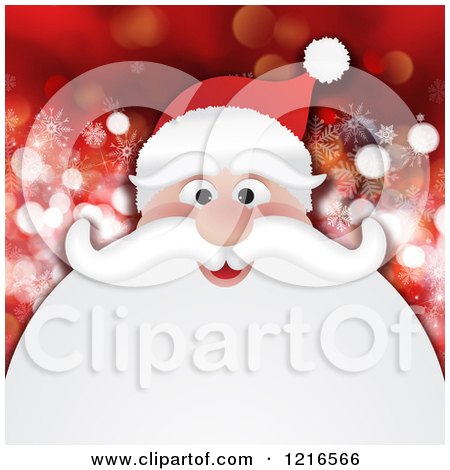 Clipart of a Cheerful Santa with a Big Beard over Red Snowflakes and Flares - Royalty Free Illustration by KJ Pargeter