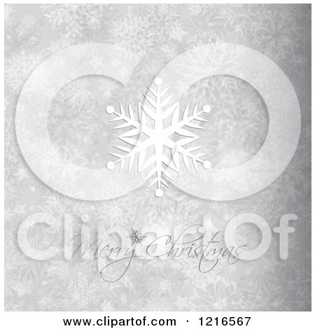 Clipart of a Merry Christmas Greeting with a White Snowflake over Silver Snowflakes and Stars - Royalty Free Vector Illustration by KJ Pargeter