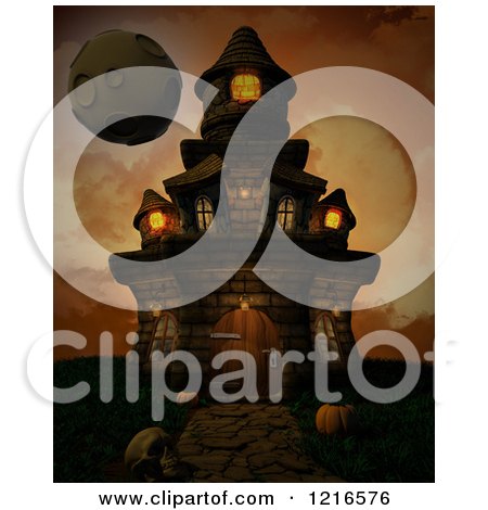 Clipart of a 3d Spooky Halloween Castle and Moon over Orange - Royalty Free Illustration by KJ Pargeter