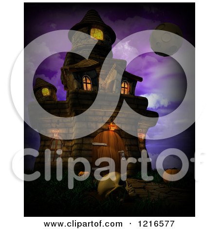 Clipart of a 3d Spooky Halloween Castle with a Skull and Moon over Purple - Royalty Free Illustration by KJ Pargeter
