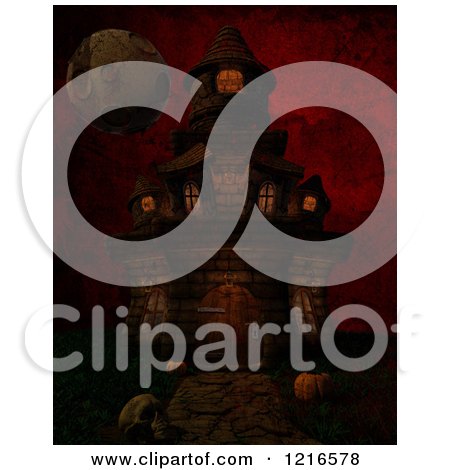 Clipart of a 3d Spooky Halloween Castle and Moon over Red - Royalty Free Illustration by KJ Pargeter