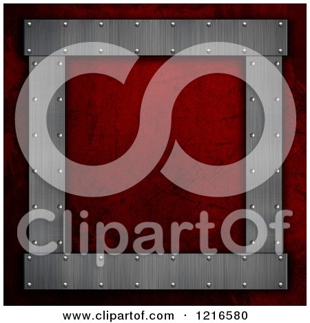 Clipart of a 3d Brushed Metal Frame over Scratched Red Concrete - Royalty Free Illustration by KJ Pargeter