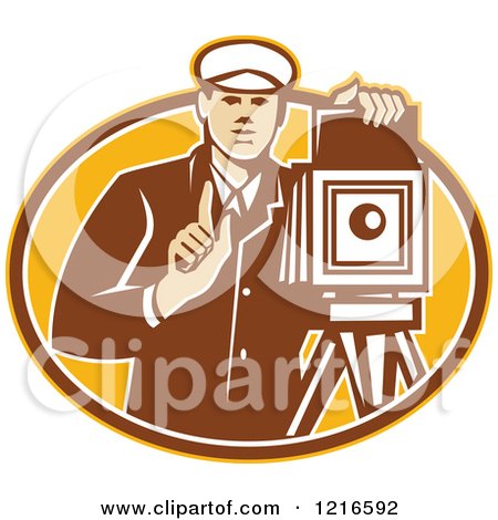 Clipart of a Retro Photographer Holding up a Finger by a Bellow Camera - Royalty Free Vector Illustration by patrimonio