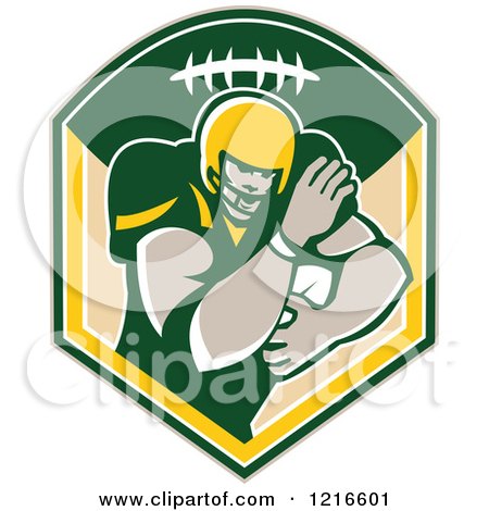 Clipart of a Gridiron American Football Running Back with a Ball in a Shield - Royalty Free Vector Illustration by patrimonio