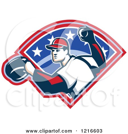 Clipart of a Retro Baseball Player Throwing over Stars - Royalty Free Vector Illustration by patrimonio