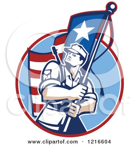 Clipart of a Retro American Patriot Soldier Carrying a Flag - Royalty Free Vector Illustration by patrimonio