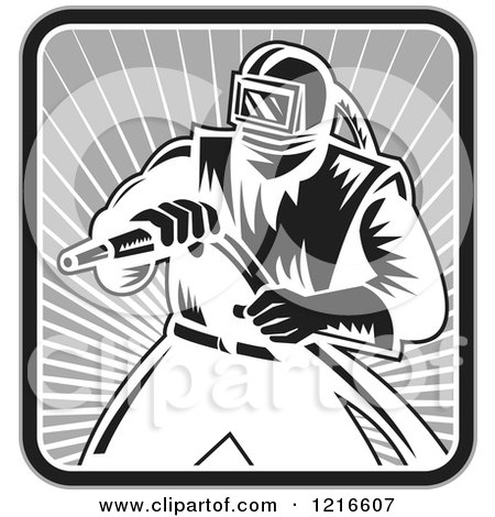 Clipart of a Black and White Woodcut Sandblaster Worker in a Square of Rays - Royalty Free Vector Illustration by patrimonio