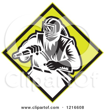 Clipart of a Black and White Woodcut Sandblaster Worker in a Yelow Diamond - Royalty Free Vector Illustration by patrimonio
